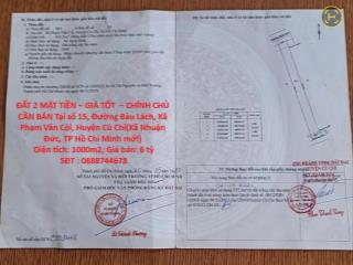 ĐẤT 2 MẶT TIỀN – GIÁ TỐT  – CHÍNH CHỦ CẦN BÁN Tại số 15, Đường Bàu Lách, Xã Phạm Văn Cội,