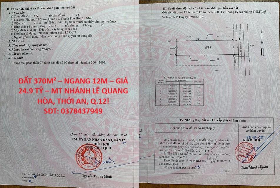 ĐẤT 370M² – NGANG 12M – GIÁ 24.9 TỶ – MT NHÁNH LÊ QUANG HÒA, THỚI AN, Q.12!