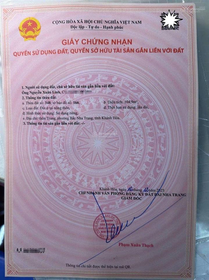 Chính chủ gửi bán lô đất đẹp 100% thổ cư đường 6m thôn bắc nha trang