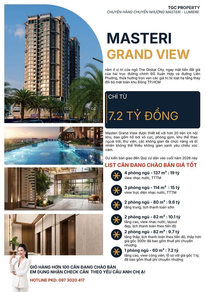 Bán 1pn lỗ sâu  cuối năm nhận nhà ở/cho thuê  masteri grand view