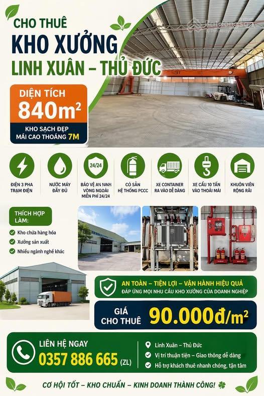 Cho thuê kho xưởng linh xuân thủ đức. diện tích 840m2