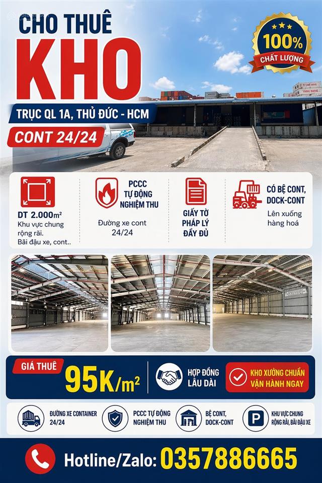 Cho thuê kho 2000m2 quốc lộ 1a, thủ đức