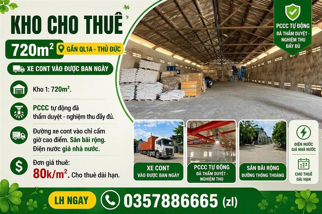 Kho cho thuê 720m2 gần ql1k  thủ đức