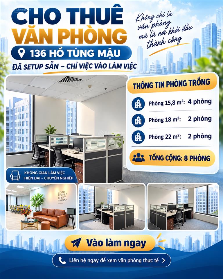 Cho thuê văn phòng đã setup sẵn tại 136 hồ tùng mậu chỉ việc vào làm việc!