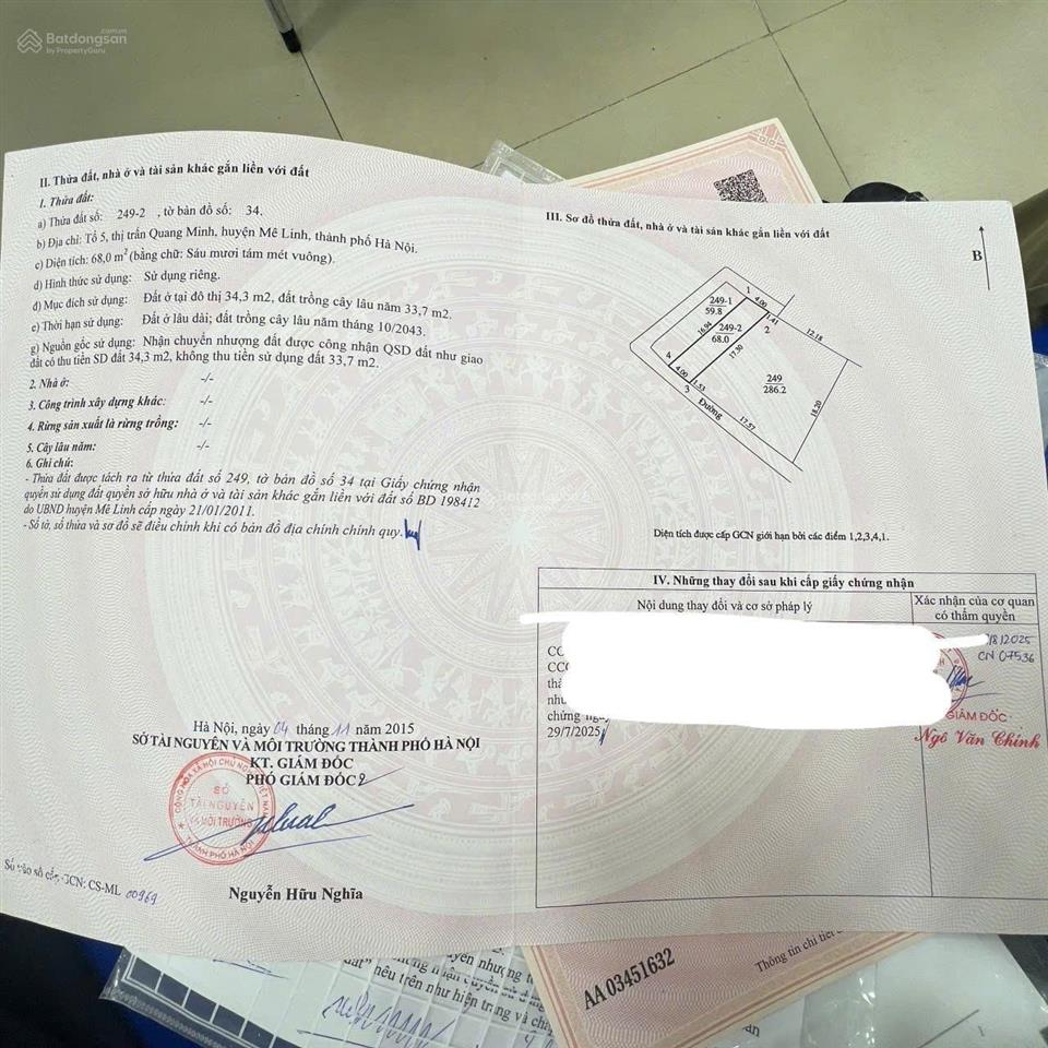 Bán đất 68m² tổ 5 quang minh, 2 mặt đường, sát kcn quang minh, giá nhỉnh 3 tỷ