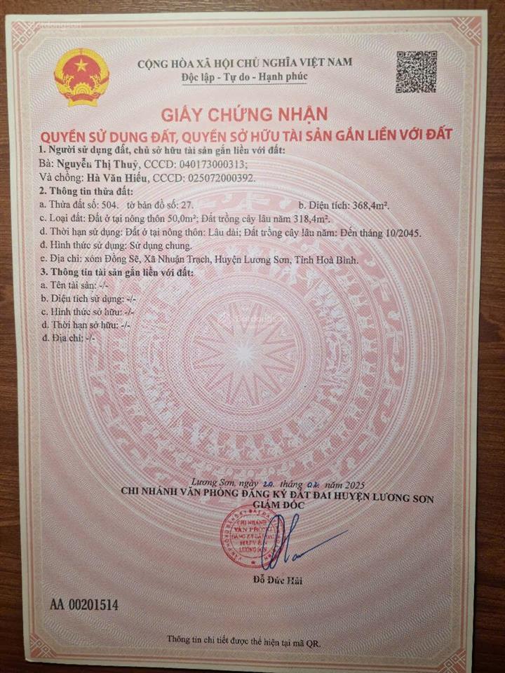 Chính chủ cần bán 368m2 đất tại nhuận trạch lương sơn mặt tiền 10m hậu 10m,  0989 038 ***
