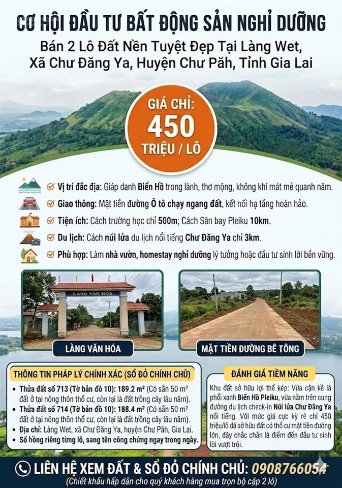 Chỉ 450 triệu/lô đất vàng nghỉ dưỡng sát cạnh biển hồ & núi lửa chư đăng ya