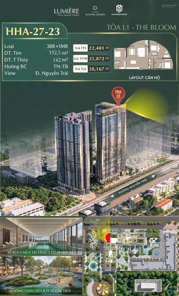 Siêu phẩm kính cong view cực hiếm 4 ngủ, tầng 27 hơn 22,48 tỷ, lumiere hanoi seasons garden