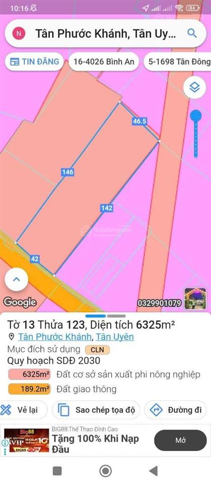 Bán lô đất mặt tiền đường nhựa tân phước khánh, tân uyên, bình dương