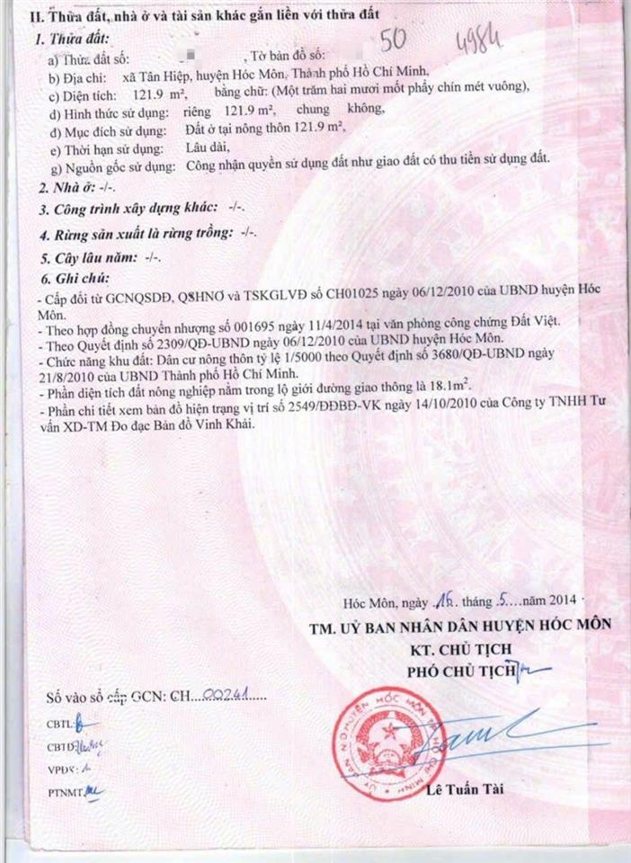 Bán lô đất đường tân hiệp 29, hóc môn, dt 128m2, giá 3,85 tỷ