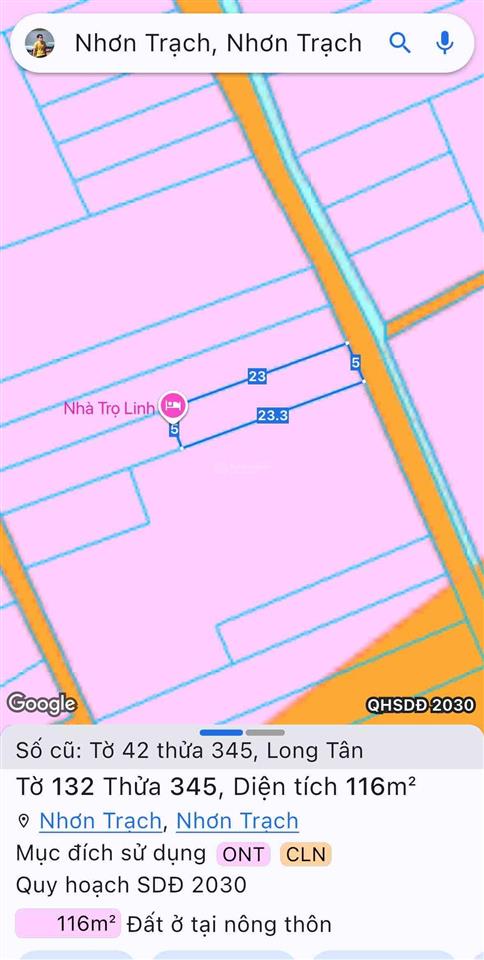 Bán nền thổ cư 116m2 có 109m2 đất ở nông thôn phường nhơn trạch