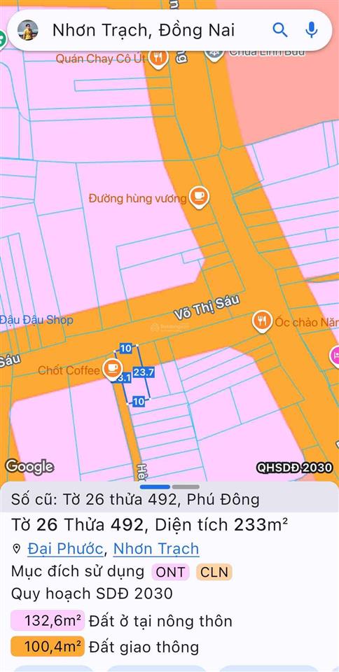 Cần bán lô góc 2 mặt tiền đường võ thị sáu, xã đại phước