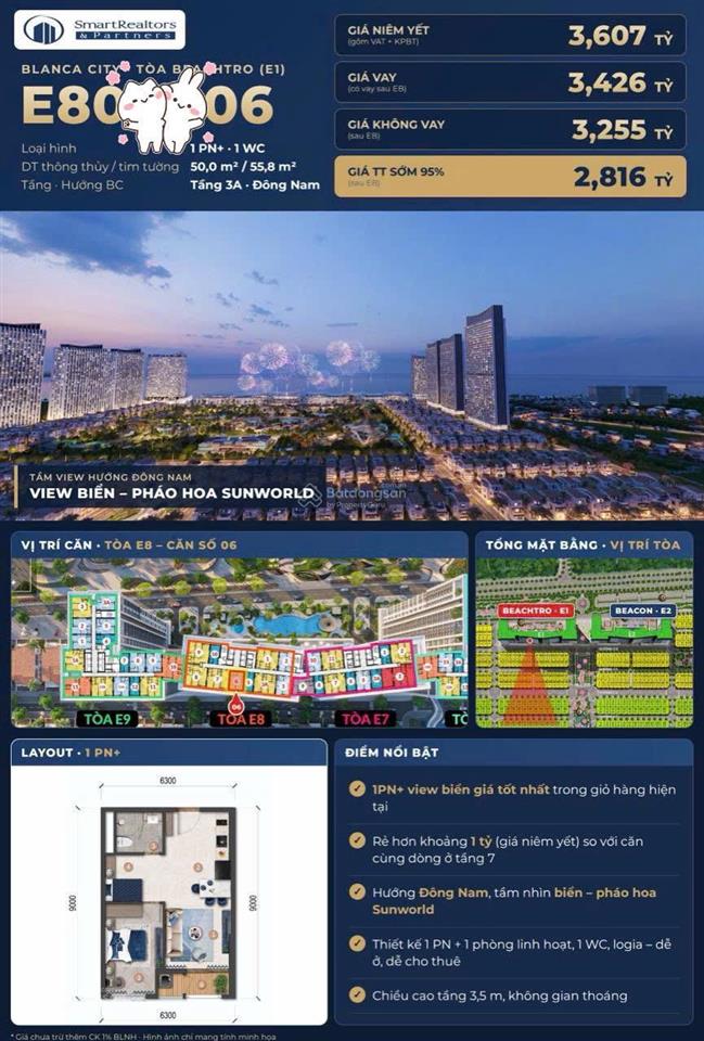 Chỉ 2,8 tỷ cho 56 m2 căn hộ sở hữu lâu dài tại khu đô thị biển blanca city sungroup