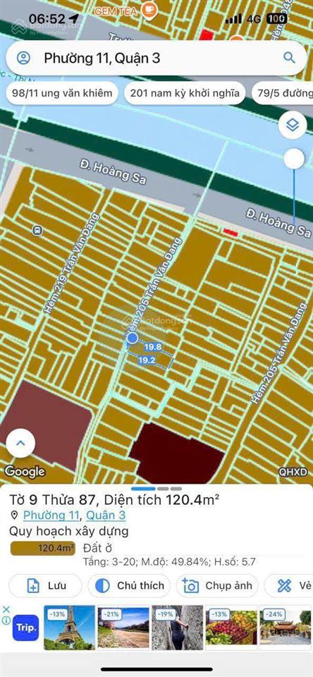 18ty5  đất quận 3  120m2  ngang 6m  phường nhiêu lộc  q.3  hẻm 1 trục xe tải