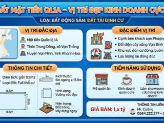 Đất tđc full thổ nằm mặt tiền ql1a tại vạn thắng  khánh hoà