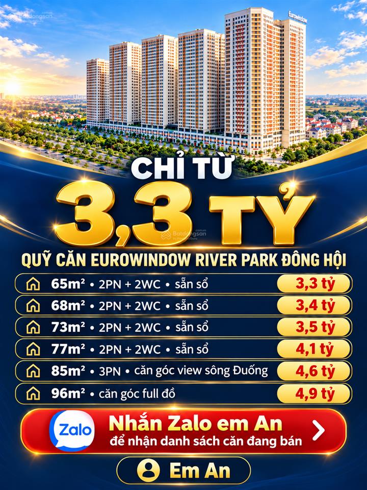 Chỉ từ 3,3 tỷ  quỹ căn eurowindow river park đông hội giá tốt