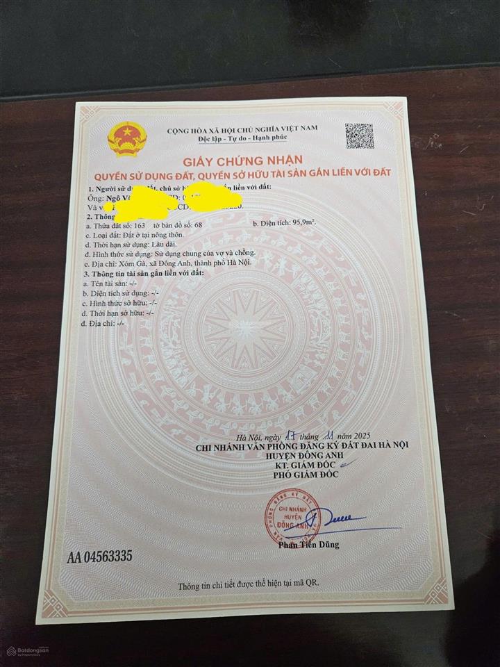 Bán đất thôn gà xã cổ loa đông anh hà nội diện tích 95.9m2 mặt tiền 5m giá cắt lỗ 25% giá 58tr/m2