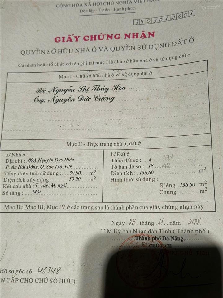 Bán đất tặng nhà mặt tiền đường nguyễn duy hiệu sơn trà đà nẵng