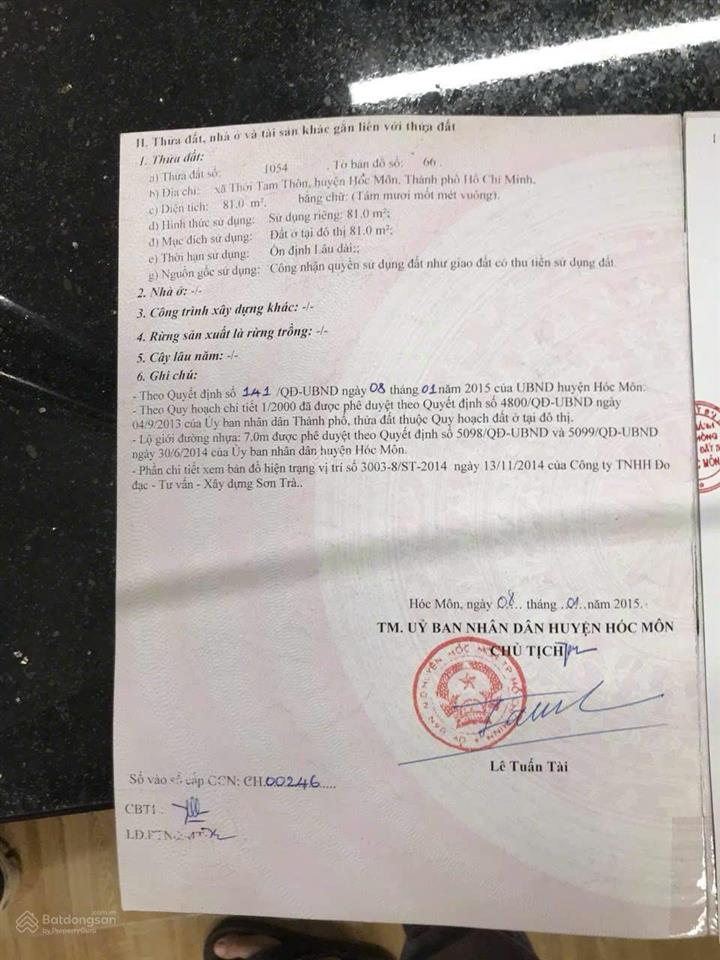 Bán lô đất đường thới tam thôn 6. hẻm trước nhà 8m. dân cư đông. 0832 369 ***