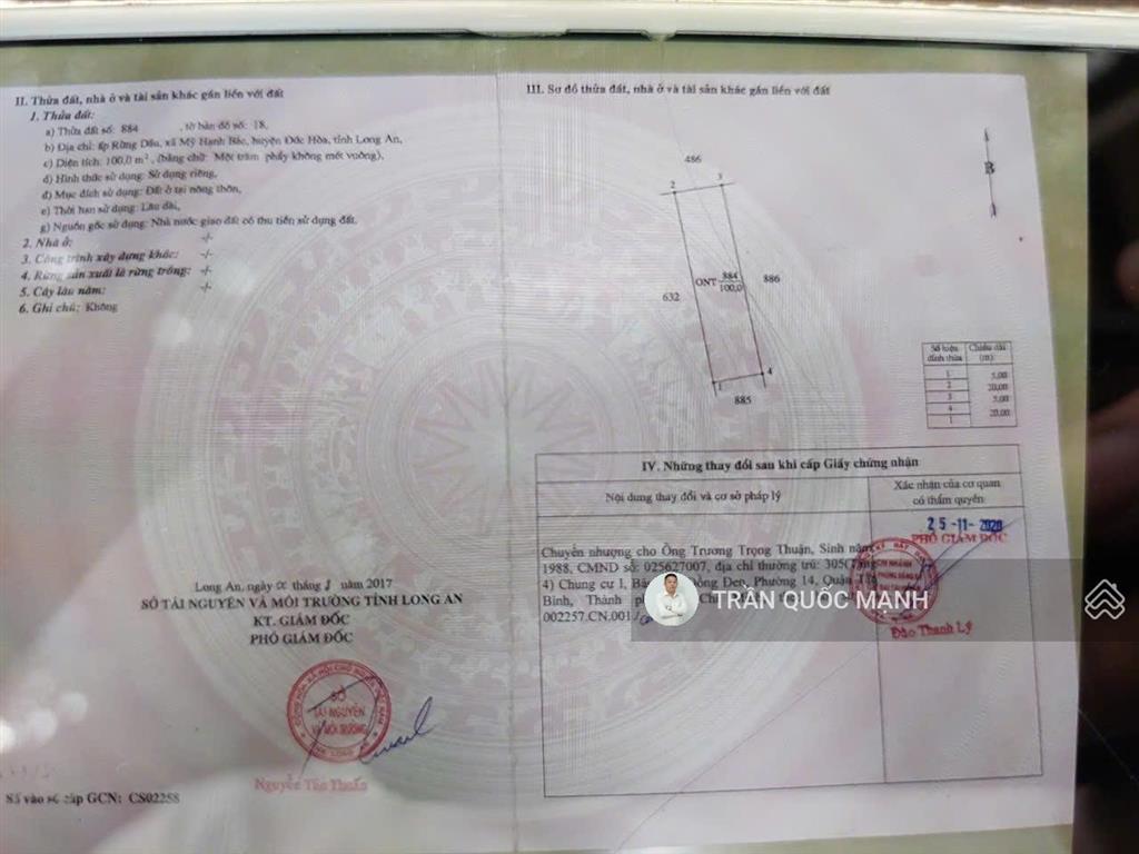 Bán lô đất chân dài mỹ hạnh bắc 5x57m. có thổ cư giá 1,550 tỷ.  0832 369 ***