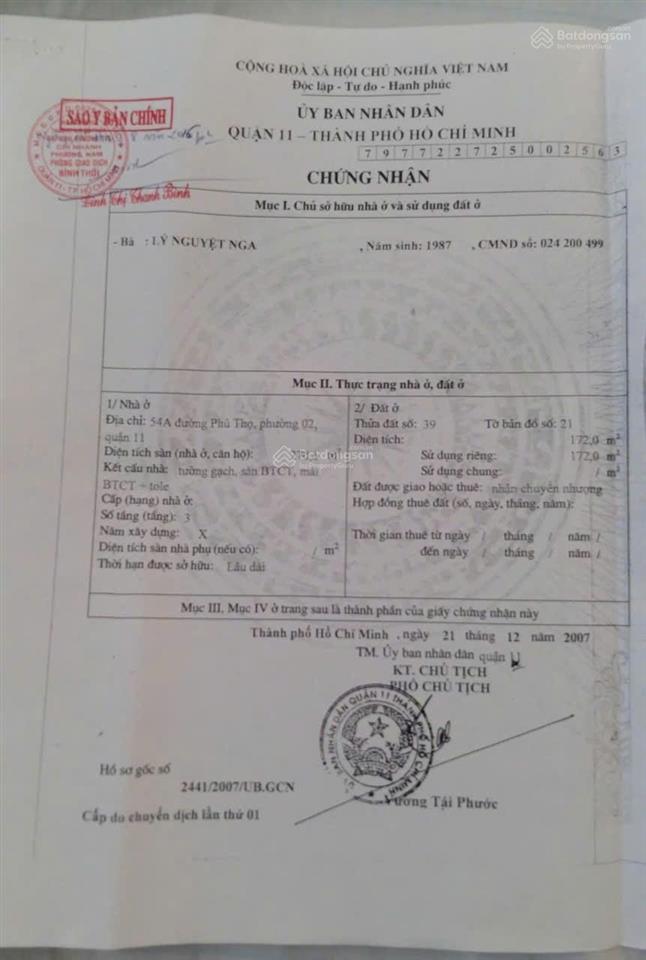 Chính chủ bán nhà mặt tiền số 54a đường phú thọ, p2, q.11, tp.hcm
