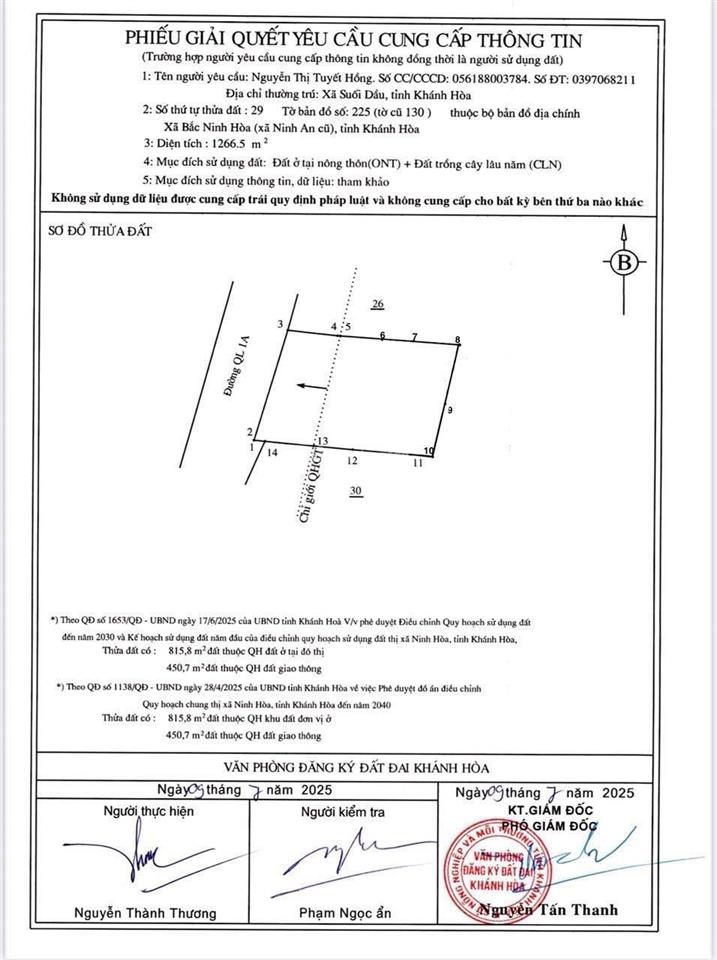 Cần bán đất mặt tiền ql 30m ninh an ninh hòa