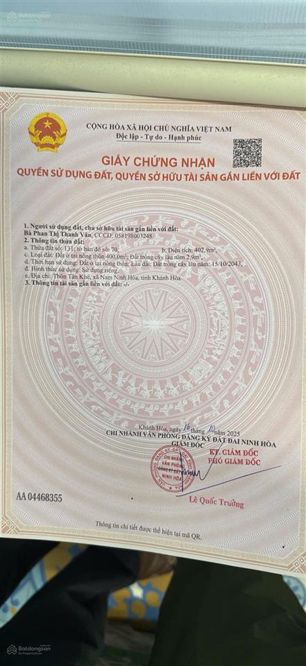 Cần bán gấp đất mặt tiền đường quốc lộ, ngay trung tâm ninh hoà
