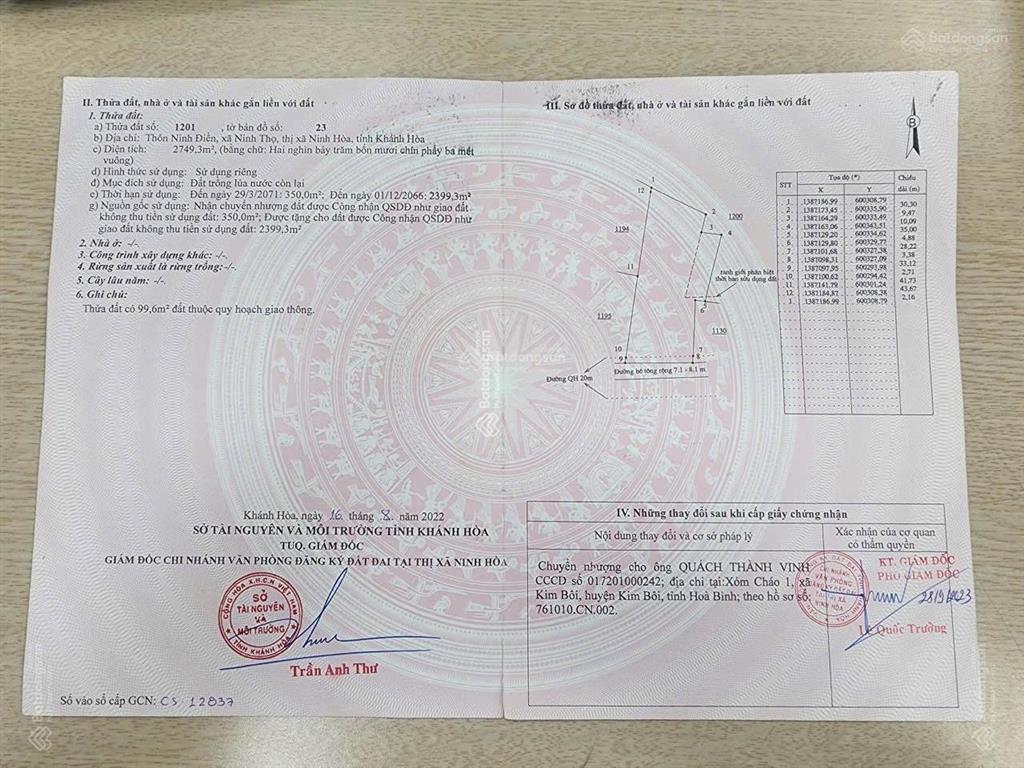 Tôi chính chủ cần bán gấp lô đất ninh thọ có 2549m2 full thổ cư