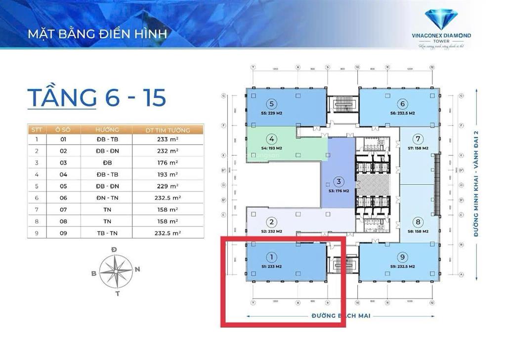 Cho thuê văn phòng 233 m2 tại toà diamond tower bạch mai hà nội