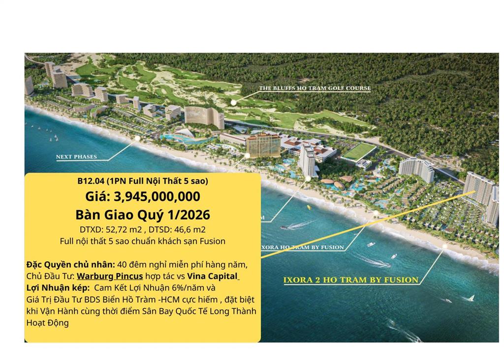 Chính chủ bán căn hộ 1pn 52m2 toà beachfront  full nội thất kèm hợp đồng thuê 236 triệu/ năm