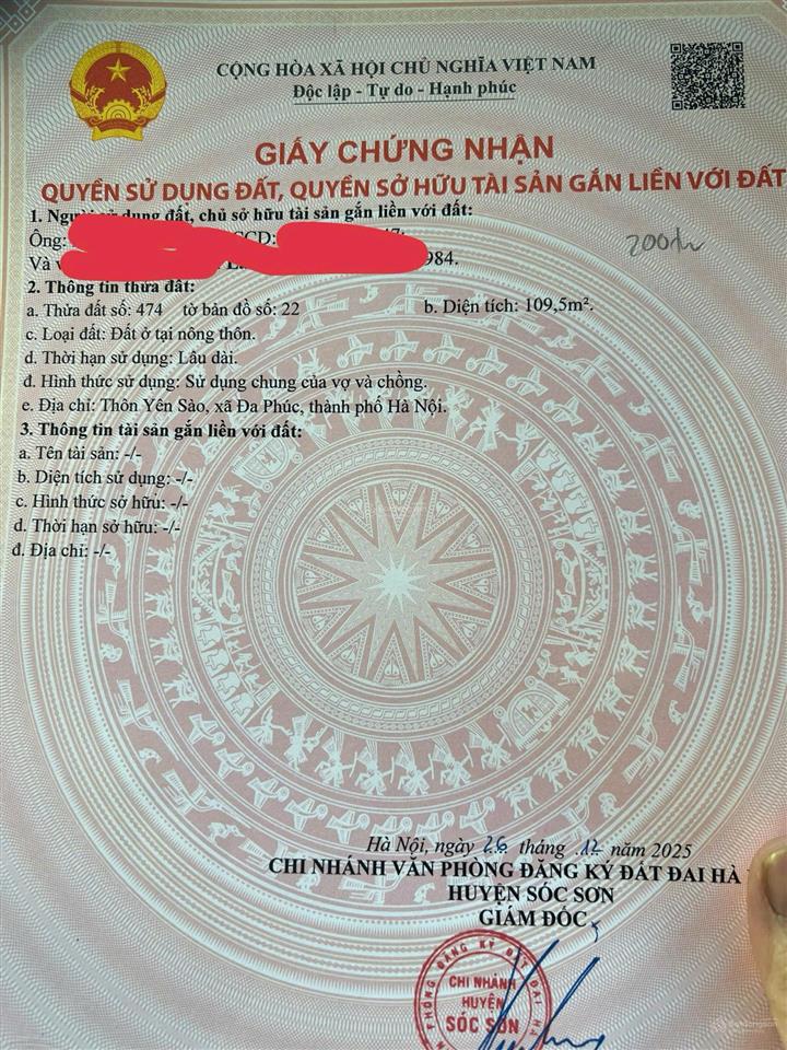 Chính chủ bán 109m² đất yên xào, đại phúc, hà nội, mặt tiền 5m, pháp lý rõ ràng