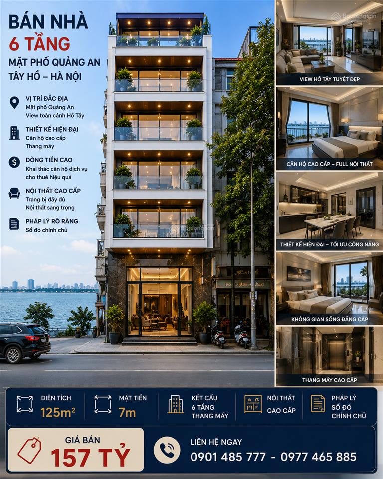 Bán nhà 6 tầng mặt phố quảng an  view hồ tây  125m²  mt 7m  thang máy  157 tỷ