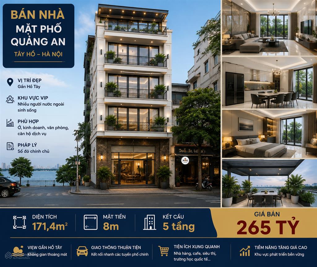 Bán nhà mặt phố quảng an  hồ tây  171,4m2  5 tầng  giá 265 tỷ. vị trí mặt hồ