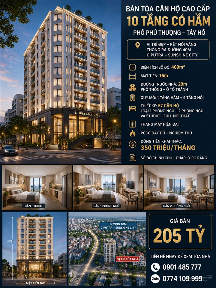 Bán tòa căn hộ dịch vụ an dương vương  tây hồ | 409m2 | 10 tầng | 57 căn hộ | doanh thu 350 tr/th