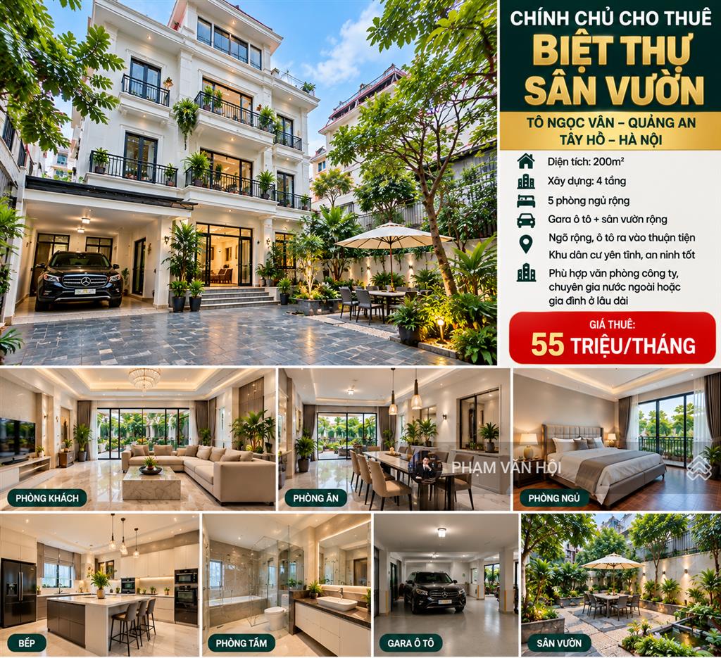 Cho thuê biệt thự sân vườn ngõ 11 phố tô ngọc vân  tây hồ  200m2  4 tầng 5pn, giá 55 triệu/tháng