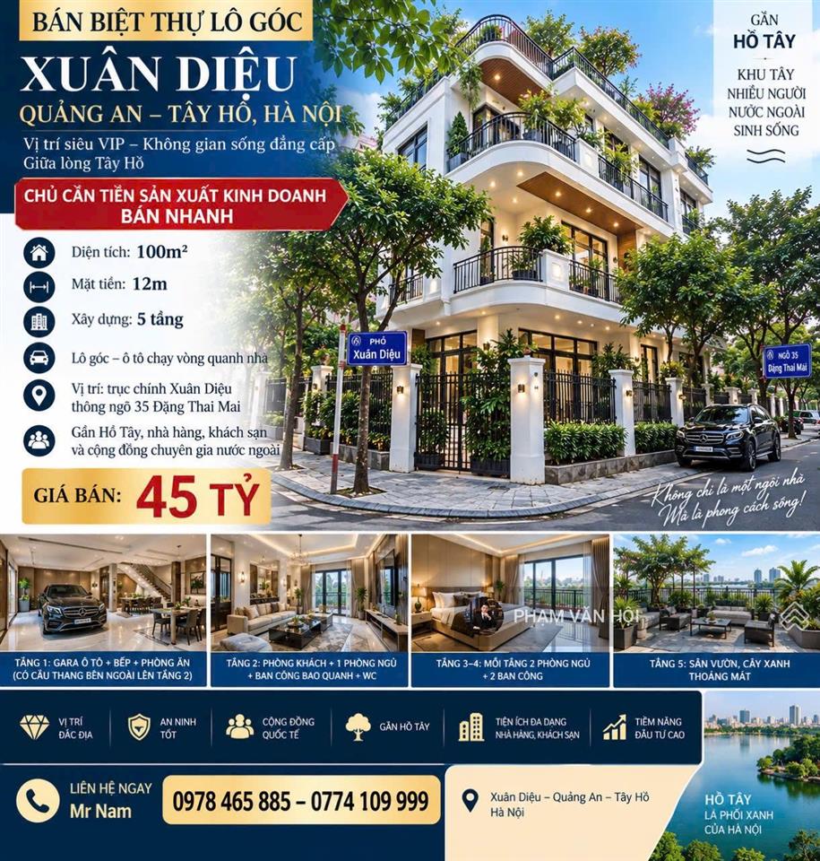 Bán biệt thự lô góc xuân diệu quảng an tây hồ | 100m mt 12m 5 tầng gần hồ tây | 45 tỷ