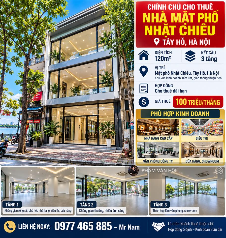 Cho thuê nhà 120m 3 tầng mặt phố nhật chiêu tây hồ hà nội giá 100 triệu/ th