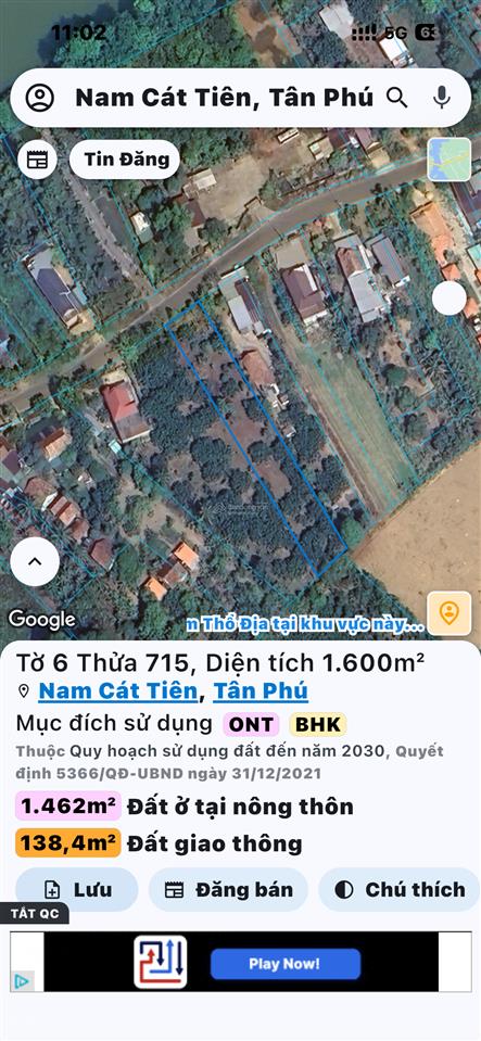 Bán đất cổng khu du lịch nam cát tiên, huyện tân phú, 9 tỷ, 1600 m2