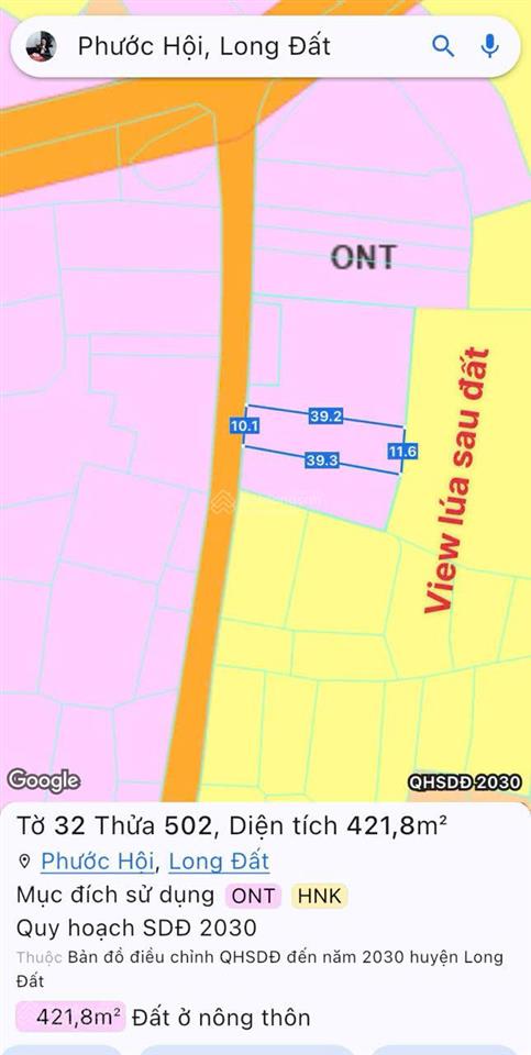 Bán lô đất view lúa, thuộc phước hội (cũ) cách biển phước hải chỉ 7 phút. mặt tiền đường nhựa lớn