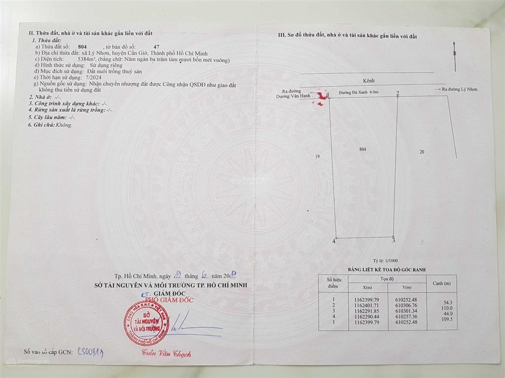 Bán đất 3 mặt tiền đường dương văn hạnh, xã lý nhơn, huyện cần giờ