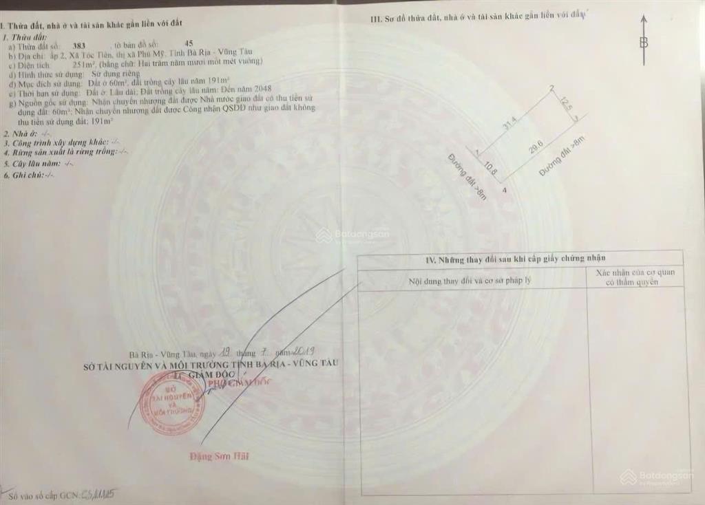 Bán lô đất (251m) tại xã tóc tiên, phú mỹ, brvt