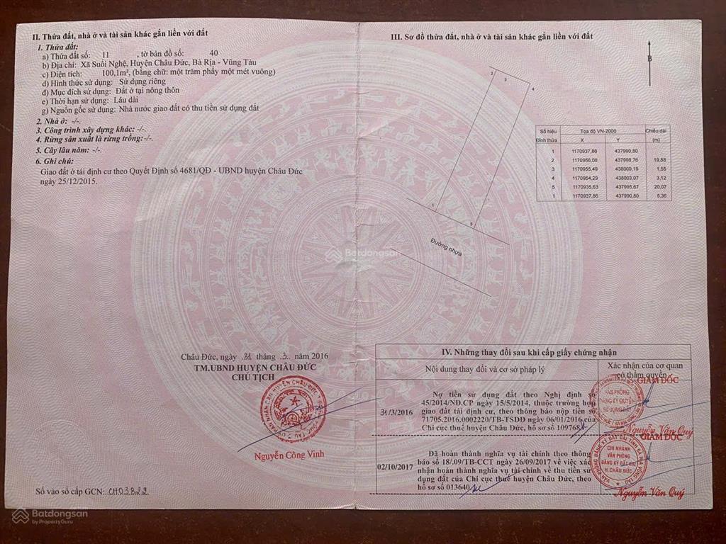 Cần bán lô đất liền kề tại khu tái định cư sonadezi suối nghệ, xã suối nghệ, huyện châu đức, brvt