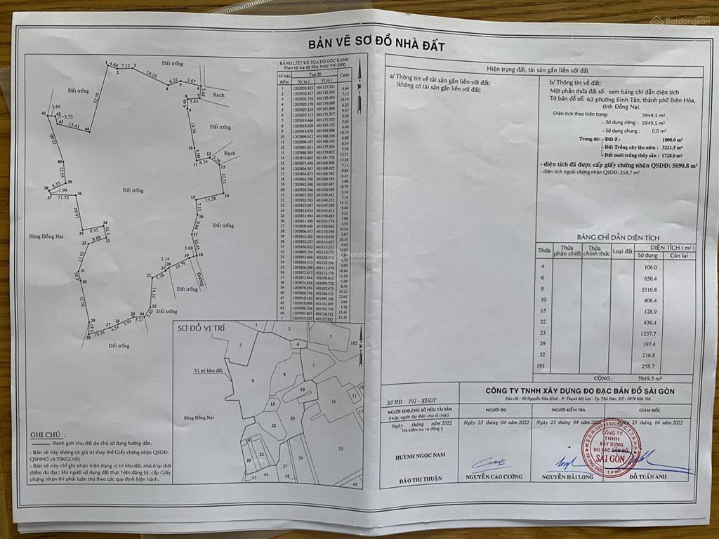 Chính chủ cần bán đất mặt tiền đường sông đồng nai dt 6500m2 có 1000m2 thổ cư giá 38 tỷ