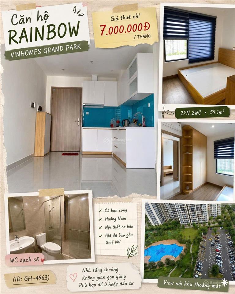 Giá thuê chỉ 7 triệu  full nội thất tại rainbow vinhomes grand park