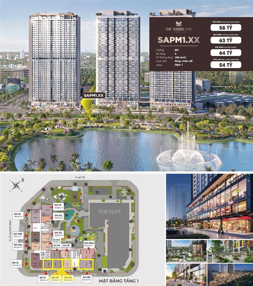 Bán shophouse thông 3 tầng, diện tích 356m2 the matrix one premium, sổ hồng lâu dài, giá từ 54 tỷ
