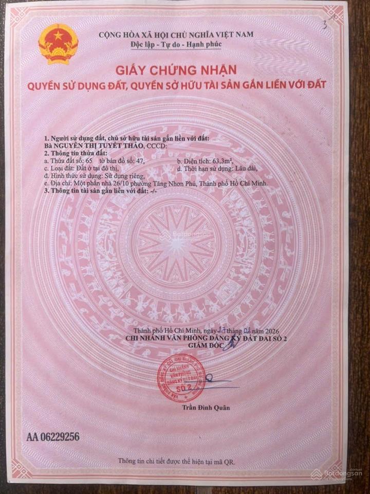 Bán đất ở hiện hữu xd 5 tầng đường 26 làng tăng phú p. tăng nhơn phú a q9 gần chợ (63,3m²) 4.450 tỷ