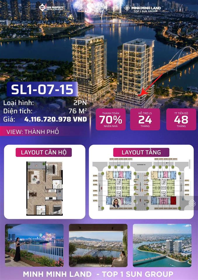 Căn góc 2pn cuối cùng dự án slight, giá 3,4 tỷ, 76m2, 2pn, 2wc, thanh toán 48 tháng