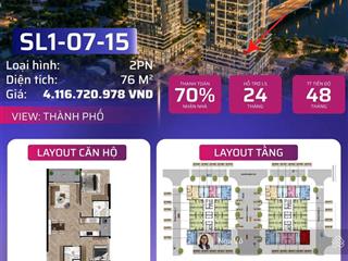 Căn góc 2pn cuối cùng dự án slight, giá 3,4 tỷ, 76m2, 2pn, 2wc, thanh toán 48 tháng