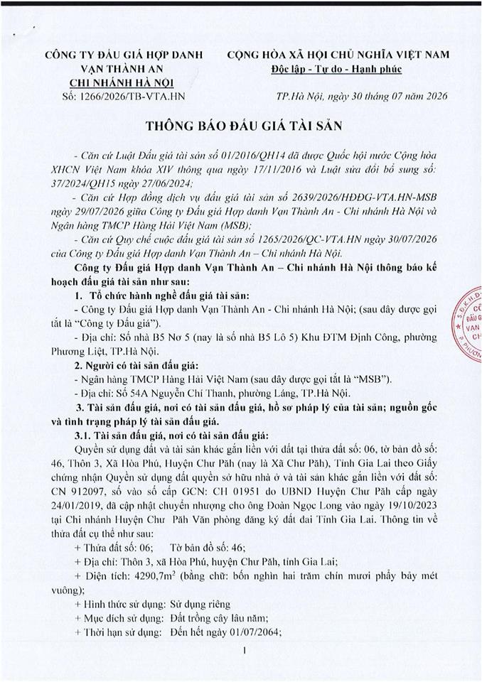 Thông báo đấu giá quyền sử dụng đất và tài sản khác gắn liền với đất