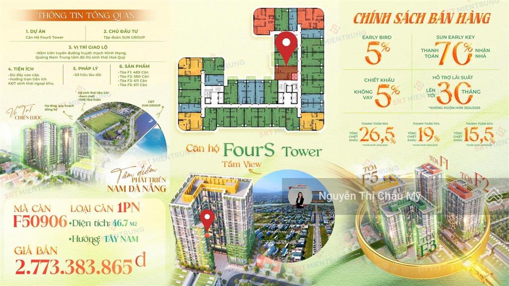 Châu mỹ srt  căn 1pn giá tốt bảng hàng tòa f5  fours tower  trong kđt nam hoà xuân